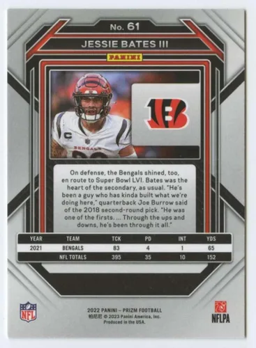 Vista 2 de 2022 Panini Prizm Football #61 Jessie Bates III Cincinnati Bengals Official NFL Trading Card