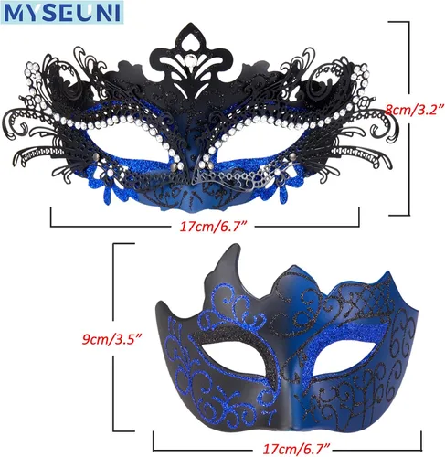 Vista 5 de 2025 Máscaras de mascarada para parejas, máscara veneciana de metal con pedrería brillante y filigrana y máscara veneciana para hombres para Mardi