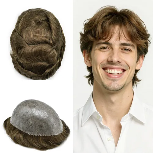 Vista 485 de Toupee para hombre 100% cabello humano real tupé para hombres 0.004 in piel de poliuretano para hombre, sistema de reemplazo de piezas de pelo