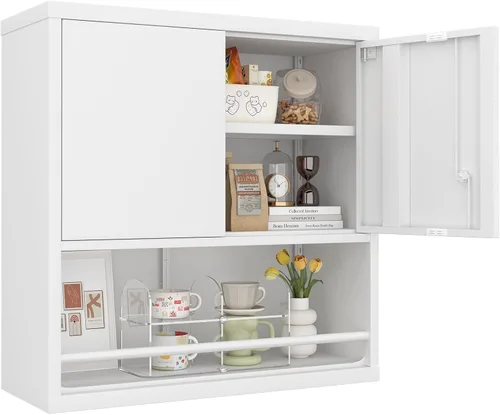 Vista 11 de Armario de almacenamiento de garaje de 28 pulgadas de alto, gabinetes de pared de garaje de metal con puertas y estantes, gabinete pequeño