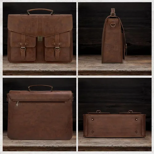 Vista 7 de RAINSMORE Bolsa de mensajero para hombre de 17 pulgadas, maletín para computadora portátil, impermeable, de cuero, para trabajo, oficina, viajes