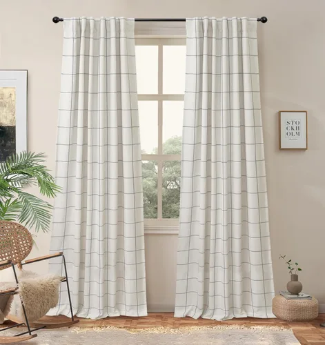 Vista 32 de DriftAway 2 paneles cortinas de lino a cuadros 100% opacas de doble capa cortinas para dormitorio de 96 pulgadas de largo estilo granja con Gris