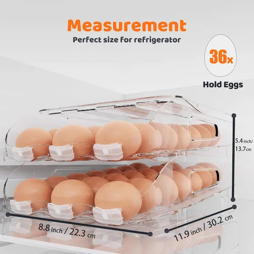 Vista 4 de SMRCAD Organizadores y almacenamiento de refrigerador, soporte automático para huevos y paquete de 6 cubos organizadores de frutas con tapas