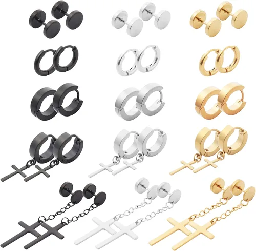 Vista 8 de NEWITIN Juego de 15 pares de aretes de acero inoxidable para hombre