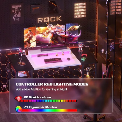 Vista 5 de Armocity Escritorio para computadora con luces LED, escritorio de 48 pulgadas con toma de corriente y USB, escritorio grande reversible con soporte