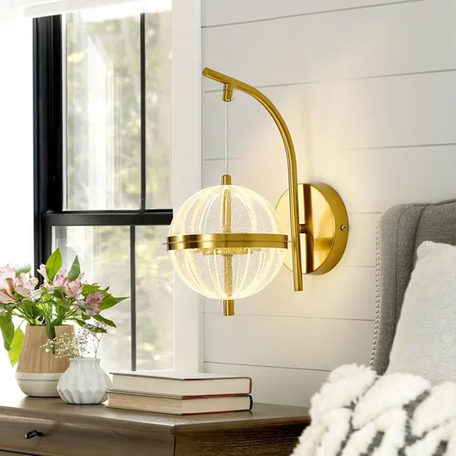Vista 7 de UOFUS Aplique de pared dorado con pantalla acrílica de globo de mediados de siglo, moderna lámpara de pared LED de 12 W, 3000 K/4000 K/6000 K
