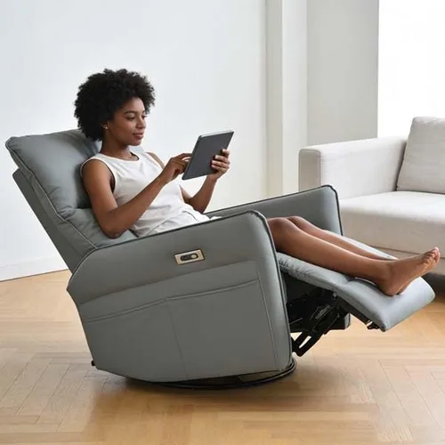 Vista 4 de Sillón reclinable eléctrico con base giratoria, silla reclinable eléctrica con carga USB, piel sintética (azul gris)