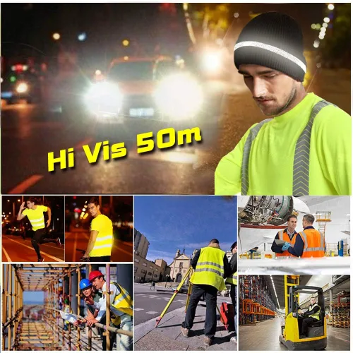 Vista 5 de Hi Vis - Gorro de seguridad para personalizar tu logotipo, gorro de punto de invierno con tiras reflectantes unisex