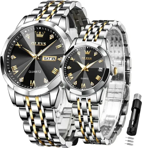 Vista 69 de OLEVS Juego de 2 relojes de cuarzo para parejas de San Valentín, calendario luminoso, ventana de fecha, 3 ATM, impermeable, casual, acero