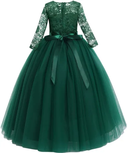 Vista 3 de Vestido largo de encaje para dama de honor con mangas 34, longitud hasta el suelo, boda, fiesta, noche, formal, pegeant maxi vestidos de tul