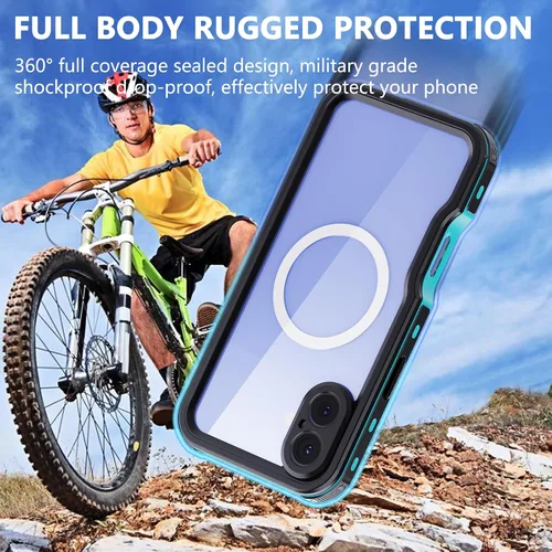 Vista 7 de Funda resistente a prueba de agua para iPhone 16 Plus de 6.7", protector incorporado, negro-verde azulado IP68 6.6FT waterproof, shockproof