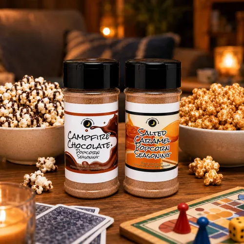 Vista 7 de Premium Paquete de 2 condimentos para palomitas dulces Chocolate y caramelo! Dúo de condimentos de palomitas dulces con sabores Campfire