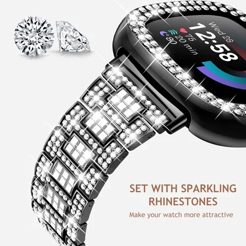 Vista 2 de Dsytom Bling Banda de Reloj Elegante Compatible con Fitbit Versa 4, Sense 2, Versa 3, Sense - Correa Linda con Funda Protectora de Rinstone