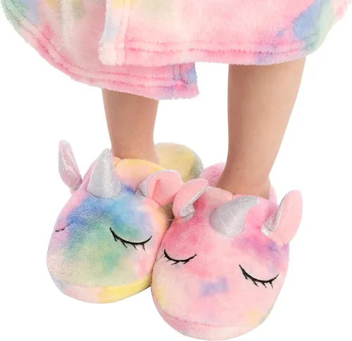 Vista 6 de Albornoz de unicornio con capucha para los ojos, bolsa, pantuflas y diadema