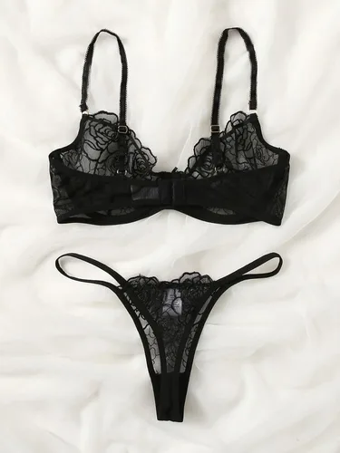 Vista 2 de SOLY HUX Conjunto de brasier y braga de lencería con aros y malla floral bordada para mujer