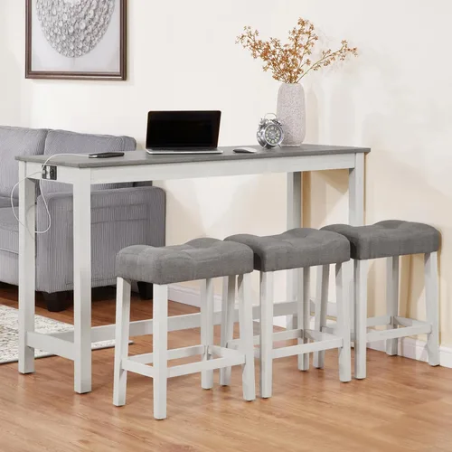 Vista 11 de Juego de mesa de barra de 59" de altura de mostrador con toma de corriente, mesa de desayuno industrial con 3 taburetes acolchados, juego de mesa
