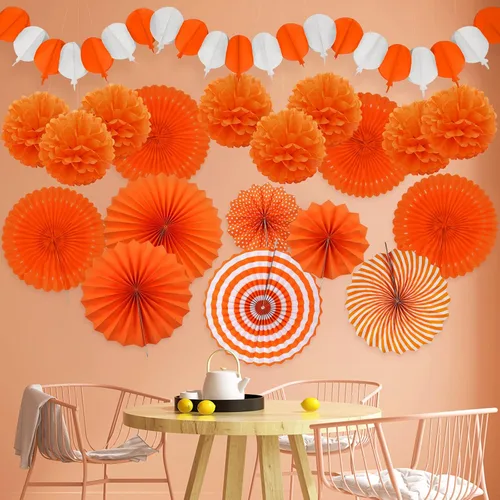 Vista 5 de Decoraciones de fiesta de color naranja, guirnaldas para fanáticos de Papar, pompones para Halloween, cumpleaños, novia, baby shower, boda