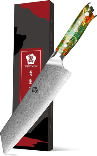 Vista 10 de WILDMOK Kiritsuke - Cuchillo de cocina japonés de acero Damasco de 8.5 pulgadas, cuchillo de chef con mango de resina, cuchillo de cocina de acero