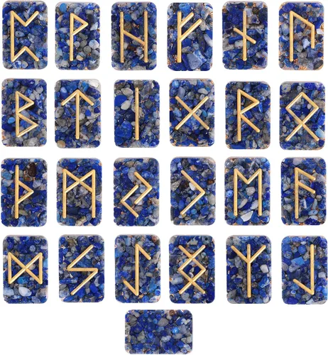 Vista 7 de Rockcloud Juego de piedras runas de cristal de aguamarina de resina, letras grabadas del alfabeto Futhark de anciano para reiki, curación de Azul