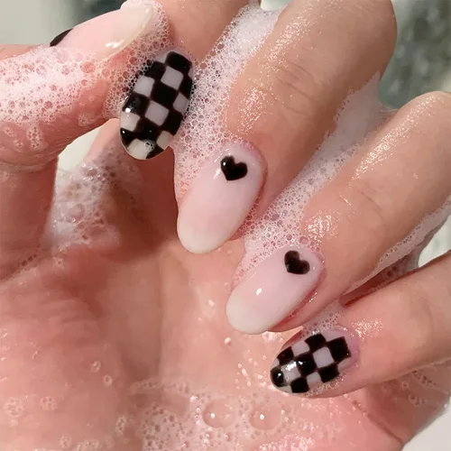 Vista 9 de IMSOHOT Uñas postizas a presión con forma de almendra, francesas, color azul medio, uñas postizas degradadas con purpurina con diseños de diamantes