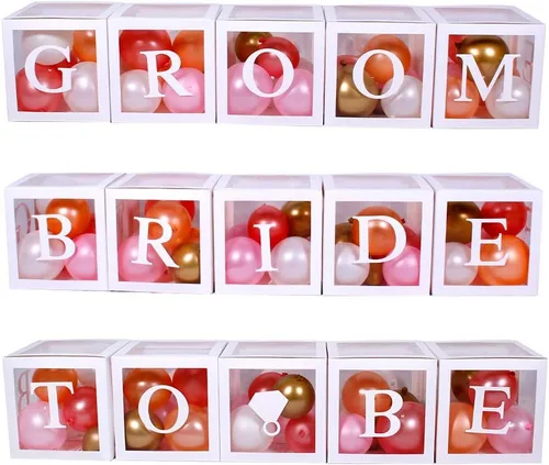 Vista 6 de 96 cajas de globos de decoración de despedida de soltera de color blanco, bloque transparente con BRIDE TO BE + GROOM + letras A - Z y 40 globos