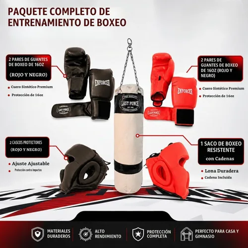 Vista 2 de Paquete de boxeo, 2 pares de dispositivos para la cabeza, 2 pares de guantes de boxeo profesionales y saco de boxeo.