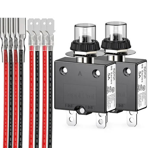 Vista 7 de Disyuntor térmico, serie 98, 3A, 125/250VCA, 32VCC, reinicio de botón con terminales de conexión rápida y cubierta de botón impermeable, cable