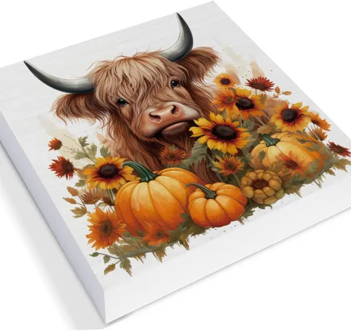 Vista 2 de Decoración de otoño, calabazas, girasol, vaca, decoración rústica, de madera de otoño, decoración de interiores para el hogar, 5 x 5 pulgadas