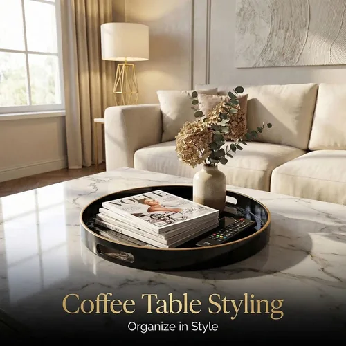 Vista 8 de Bandeja decorativa redonda, plástico mármol con asas, tocador moderno y para servir otomana, mesa auxiliar, cocina y baño, tamaño 13 pulgadas, negro