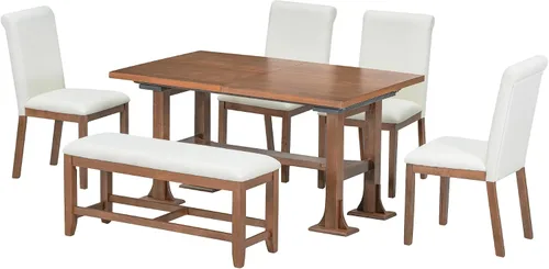 Vista 9 de LUMISOL 6-Piece Extendable Dining Table Set, Farmhouse Dining Room Set with 4 Chairs and Bench, 76 Inch Trestle Table with 18 Inch Removable Leaf