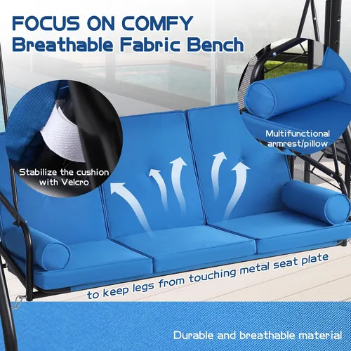 Vista 3 de Columpios de porche con toldo ajustable, cama de columpio para exteriores de 3 asientos, color azul Heavy Duty Porch Glider Bench with Stand