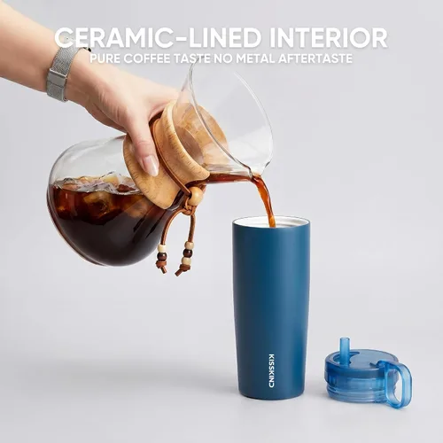 Vista 6 de KISSKIND Leakproof Iced Coffee Tumbler 20 oz, Insulated Ceramic Lined Cup Iced Coffee All Day, Leakproof, Ceramic-Lined Interior, Bag-Safe