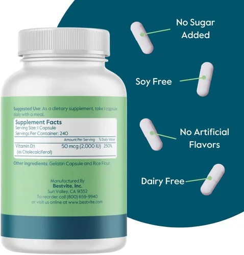 Vista 2 de BESTVITE Vitamina D 2000 UI (240 cápsulas) - Sin estearatos - Sin OMG - Sin gluten