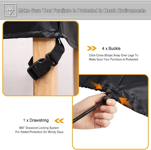 Vista 6 de Funda de mesa para exteriores, fundas de mesa de patio para muebles de exterior con cordón resistente al viento, impermeable, fundas rectangulares