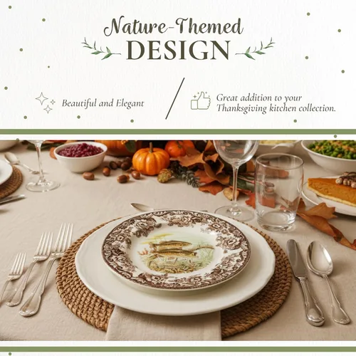 Vista 3 de Spode Woodland Bass Plato de Ensalada - 8" Loza Fina, Hecho en Inglaterra, Diseño de Pez de Caza con Borde de Flores Británicas para Ensaladas