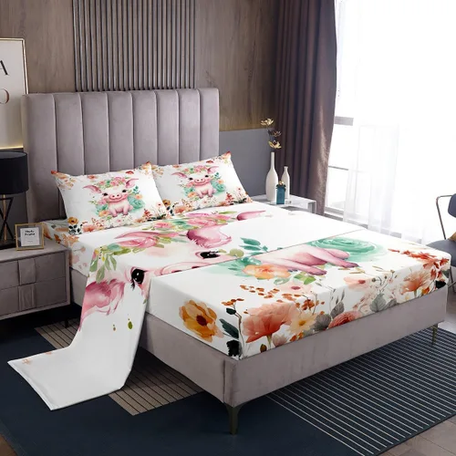 Vista 25 de Erosebridal Juego de sábanas de tamaño individual con diseño de gatos y gatos, con temática de animales, con flores coloridas, juego de sábanas