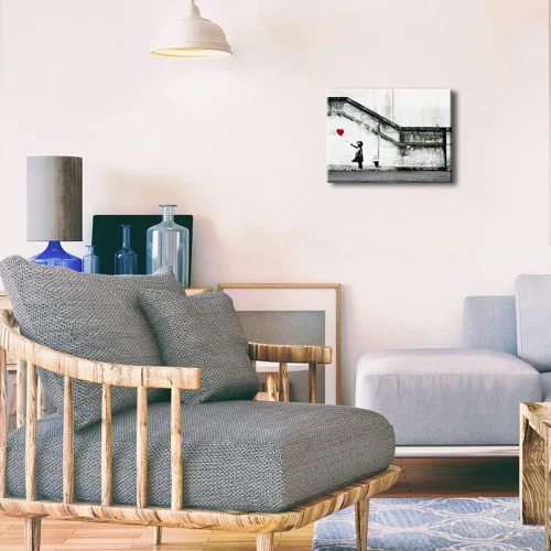 Vista 3 de Pyradecor Banksy Grafitti Girl with Red Balloon Grey Love Pictures Cuadros sobre lienzo, arte de pared moderno, impresiones en lienzo para sala