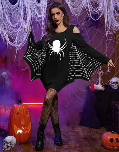 Vista 2 de Maisolly Vestido de disfraz de alas de murciélago de Halloween con hombros descubiertos para mujer