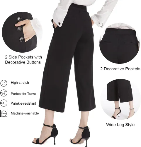Vista 3 de Ginasy Pantalones negros de pierna ancha para mujer, pantalones de vestir casuales de negocios, pantalones de vestir elásticos de cintura alta