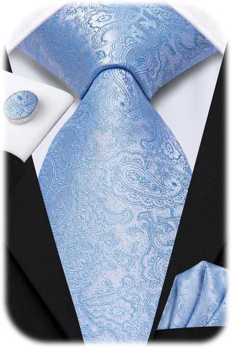 Vista 28 de Hi-Tie Corbatas de seda para hombre, diseño de cachemira a rayas, con bolsillo, gemelos cuadrados, conjunto formal de negocios