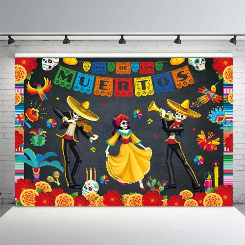 Vista 7 de MEHOFOND Telón de fondo del Día de los Muertos de 7 x 5 pies, fiesta mexicana, calavera de azúcar, flores, fondo de fotografía, vinilo Dia De Los
