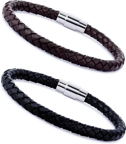 Vista 5 de FIBO STEEL 2-3 pulseras de cuero trenzado de acero inoxidable para hombres y mujeres, pulsera de muñeca de 7.5-8.5 pulgadas, Cuero, Circonita cúbica