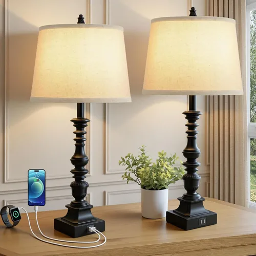 Vista 10 de Juego de 2 lámparas de mesa de granja de 27.5 pulgadas, lámparas rústicas de dormitorio para mesita de noche con carga USB doble, lámparas