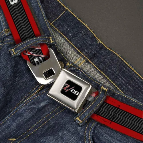 Vista 2 de Buckle-Down Cinturón de seguridad 1969 Camaro Z28 EmblemRayas RojoNegroGrisPlata - 1.5" Ancho - 24-38 pulgadas de largo