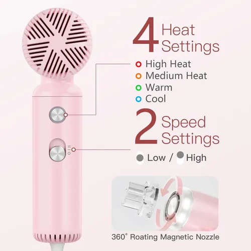 Vista 4 de Webeauty - Mini secador de pelo con difusor, motor de alta velocidad de 110,000 RPM, protección de iones negativos de 656.2 ft, ajustes de 3 Rosa