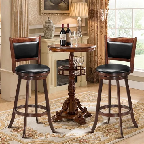 Vista 6 de Taburetes de bar altos de 29 pulgadas con respaldo y cojín de PVC, silla de comedor de madera, asiento tapizado, silla retro para sala de estar