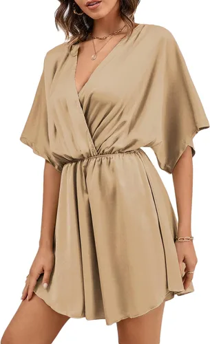 Vista 4 de LYANER Minivestido elegante de satén con cuello en V y volantes para mujer