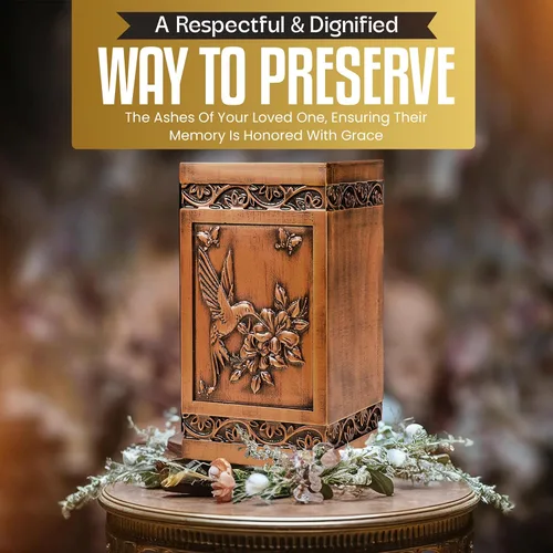 Vista 7 de Urna de cremación grande de madera para cenizas humanas para adultos, colibrí hecha a mano y grabado floral, urna funeraria para madre, padre