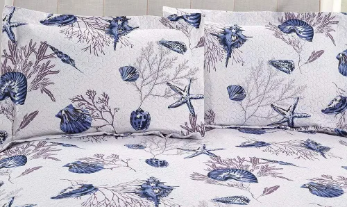 Vista 2 de Juego de edredón de tamaño Queen - Edredón ligero reversible, colcha, cubrecama - Ropa de cama costera - Decoración del hogar con concha de estrella