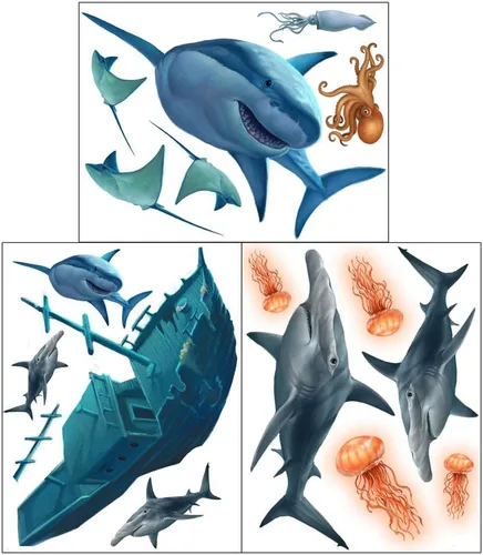 Vista 6 de Create-A-Mural Calcomanías de pared de tiburón ~ Impresionante tiburón vida marina y barco pirata hundido, gran blanco y tiburón martillo, arte